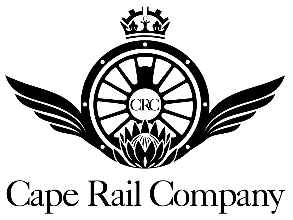 Logo with a train wheel, wings, crown, and text 'Cape Rail Company'.