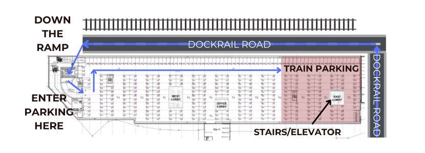 Map showing directions to train parking with arrows and labels.