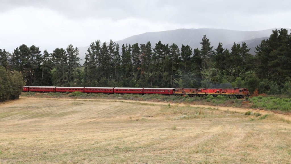 Red train passing through a grassy field with trees in the background.