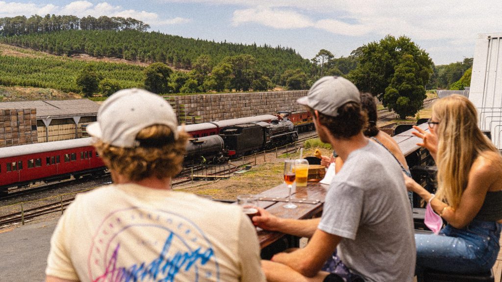 People on balcony watching vintage trains pass by fields.