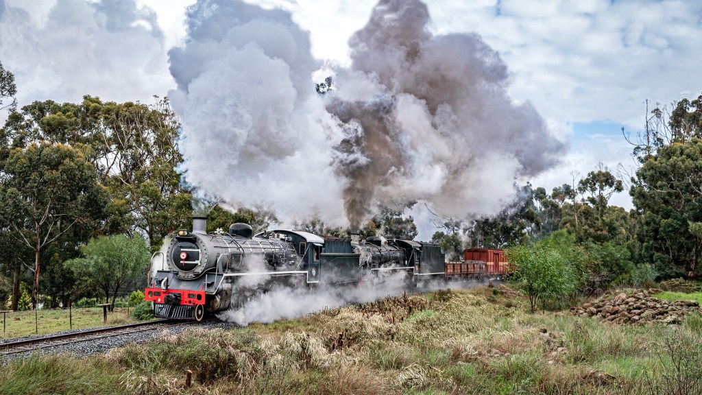 Steam train emitting smoke, traveling through a forested area.
