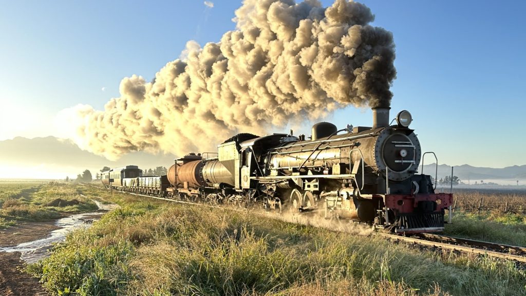 Steam train on tracks with smoke billowing in open countryside at sunrise.