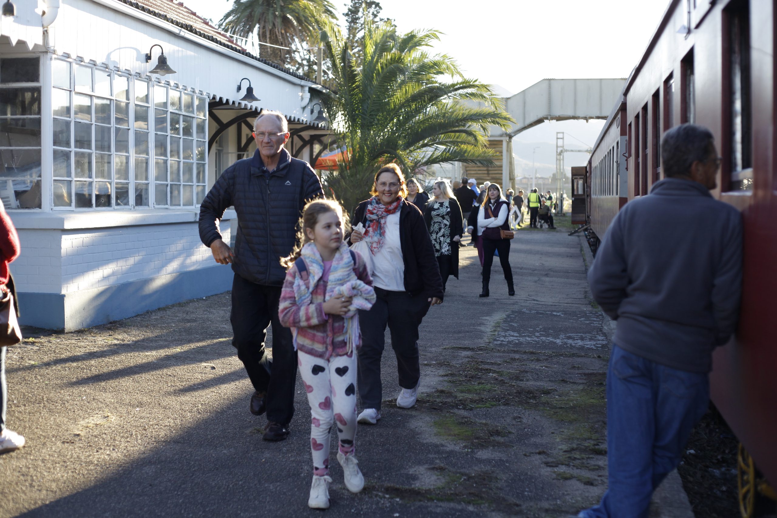People walking beside a train station platform with a train on the right.
